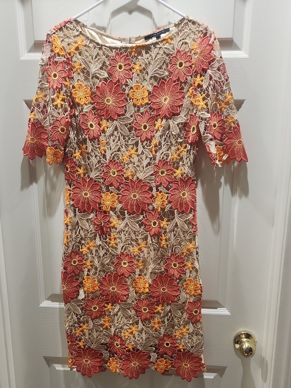 Alex Marie Coral & Yellow Floral Lace Midi Sheath Dress